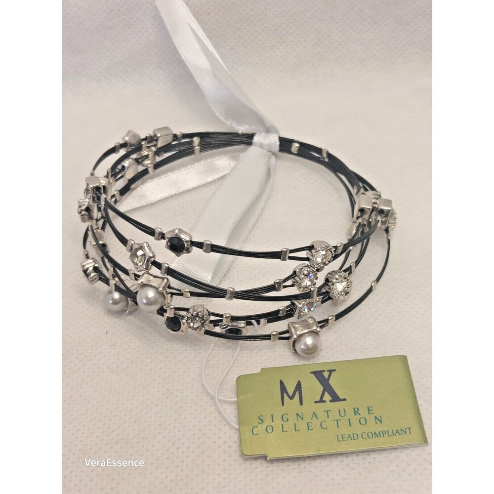 MX Signature Collection 6 thin Black Bracelets Metal Wire Rhinestones Pearls New